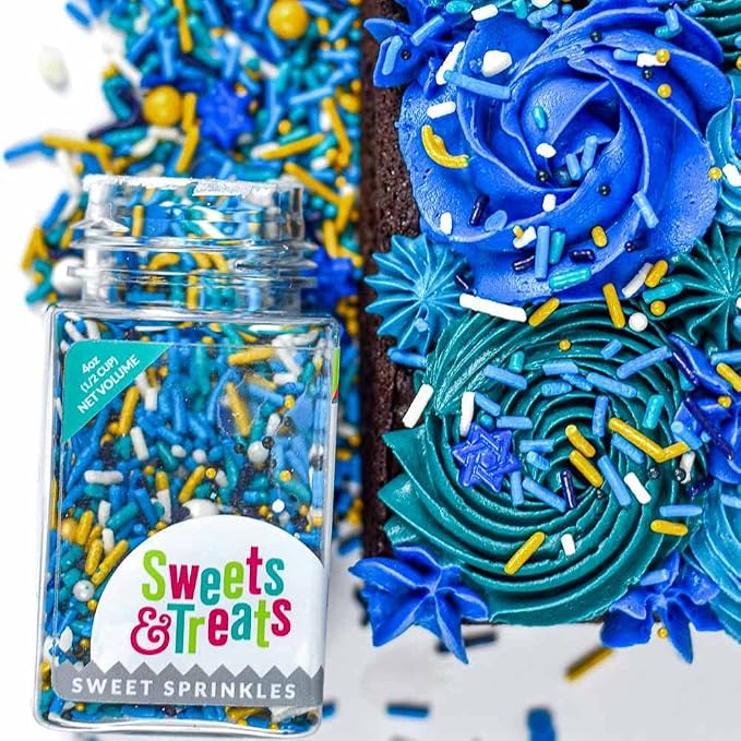 Hanukkah Sprinkles for Cake Decorating, Cupcake Decorating and Baking in Blue and Gold Jimmies, Confetti Quin, Sugar Pearl with Stars of David Sprinkles for Ice Cream, Donuts