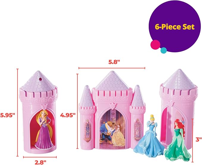 DecoSet® Disney Princess Happily Ever After Birthday Cake Topper, 6-Piece Cake Decorations, Includes Castle with Moveable Turrets, Cinderella, Ariel and Rapunzel Figurines