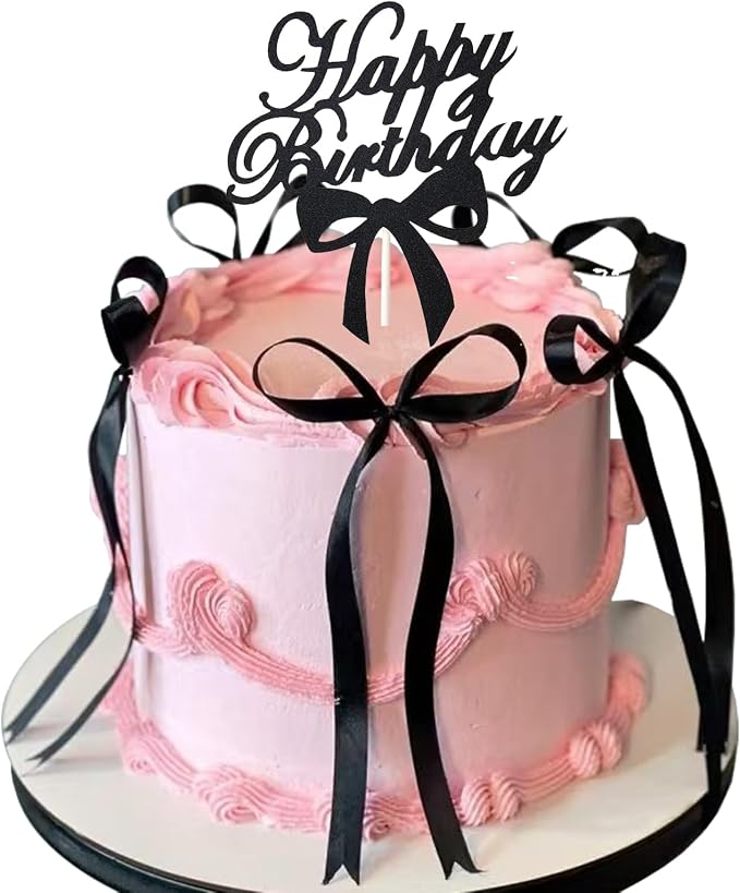 Black Bows for Cake, 12 PCS Black Vintage Ribbon Bow Cake Topper with 1PC Happy Birthday Sign for Coquette Birthday Party Decorations,Happy Birthday Cake Toppers Decorations Accessory for Girls Women.