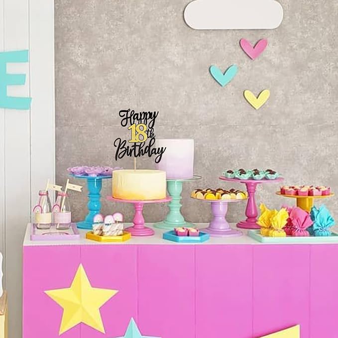 1 PCS Happy 18th Birthday Cake Topper Black Gold Glitter Cheers to 18 Years Birthday Cake Pick 18 Fabulous Cake Decoration for Happy 18th Birthday Anniversary Party Cake Decorations Supplies