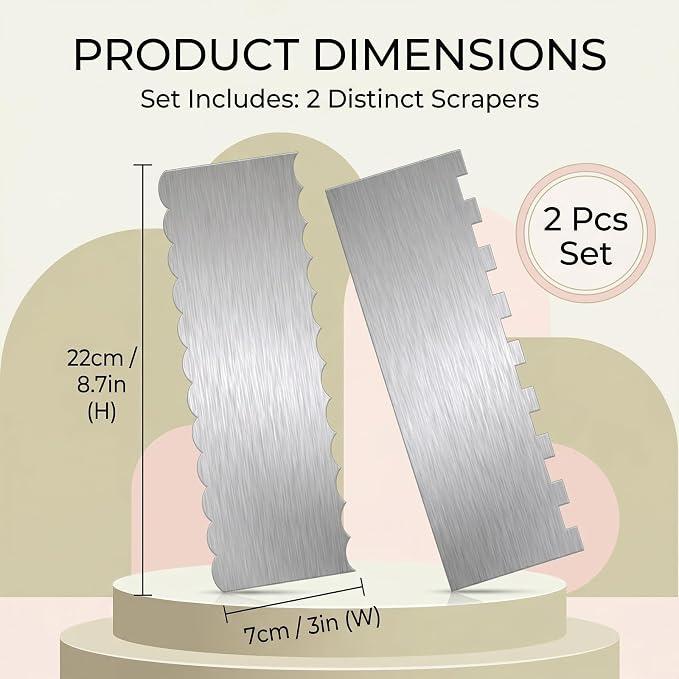 JJUNW 2 Pcs Stainless Steel Cake Scraper, Cake Scrapers Smoother Alisador De Pasteles, Double Sided Patterned Edge Stripe Smoother Scrapers For Butter Mousse Cream Decoration