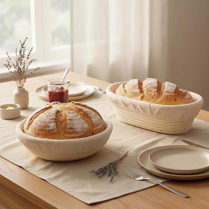 Banneton Bread Proofing Basket Set with Liners,9 Inch Round & 10 Inch Oval Sourdough Baking Kit for Professional & Home Use