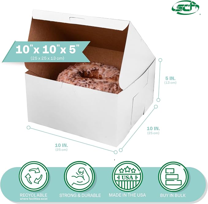 SCT 0977 White Non-Window Lock Corner Bakery Box, Recycable, Professional Clean Cake Boxes, Cookie and Pastry Boxes, Bulk Pack, 10" L x 10" W x 5-1/2" H (Case of 100)
