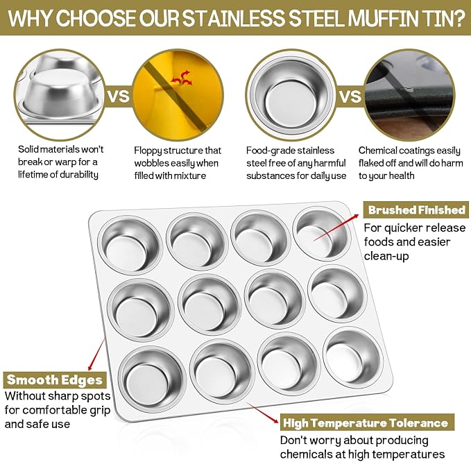 TeamFar 12-Cup Muffin Pan, Stainless Steel Cupcake Pans Muffin Tin Set for Oven Baking Mini Brownies Quiches Tarts, Non Toxic & Regular Size, Dishwasher Safe – Set of 2