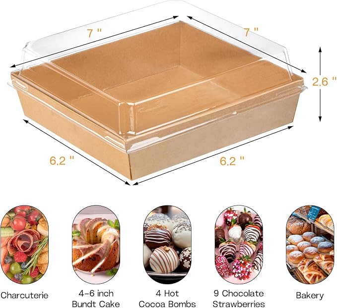 ZORRITA Large Charcuterie Boxes with Clear Lids, 7x7 Inch, 40 Pack, Brown | Disposable, Square, Kraft Paper, To Go Food Containers, Bakery Boxes, For Charcuterie Desserts Strawberries Cookies
