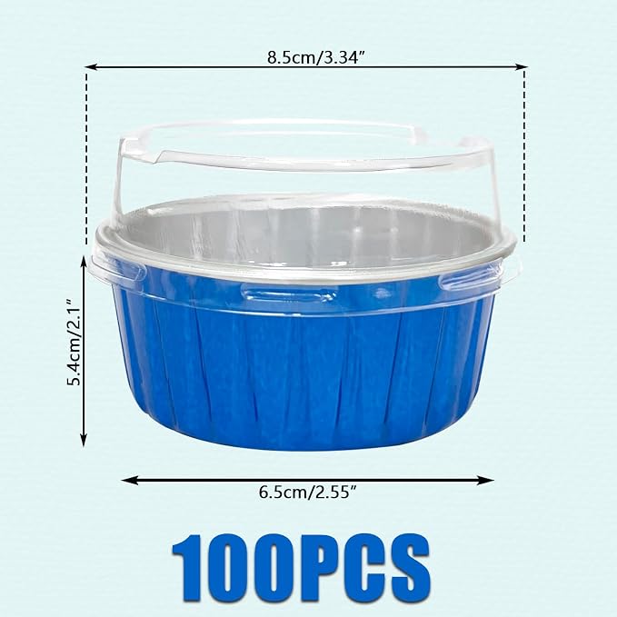 100Pcs Aluminum Cups with Lids,5oz Disposable Ramekin Baking Cups Muffin Liners Mini Pie Pans Foil Cupcake Containers for Christmas Party Wedding Party,Dark Blue