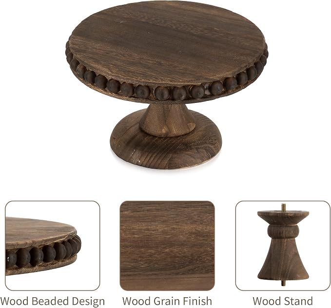 Hanobe Small Wood Cake Stand: Cupcake Pedestal Stand 8 inch Dessert Display Riser Distressed Rustic Round Cakes Holder Tray Vintage Beads Wooden Plate for Wedding Birthday Decor