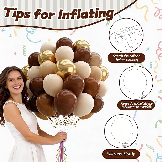 160Pcs 12 Inch Brown Light Brown Tan Sand White Metallic Gold Latex Balloons for Boho Neutral Baby Shower Birthday Party Decorations