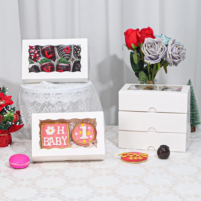 ROSPAKTEK 20pcs 7x4.3x2 Inch White Bakery Treat Boxes with Window - Christmas Valentine's Cookie, Chocolate Truffle, Strawberries & Cakesickle Gift Boxes