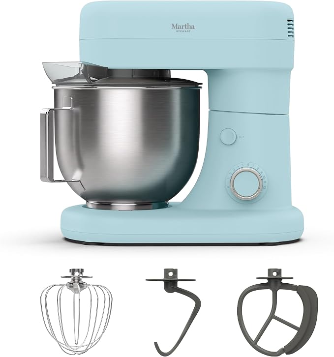 Martha Stewart 5.3Qt Stand Mixer, 12-Speed Tilt-Head Electric Kitchen Mixer with Stainless Steel Bowl, Dough Hook, Whisk & Beater, Splash Guard, Ideal for Baking Bread, Cake & Whipping, Sky Blue