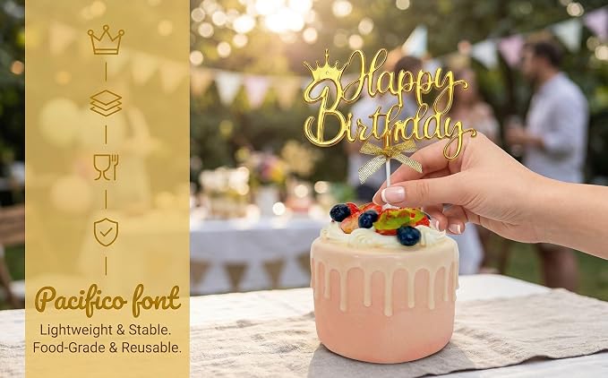 Elegant Acrylic Birthday Cake Topper with Crown & Bow Design - Reusable Decoration for Party, Wedding, Baby Shower (Gold)