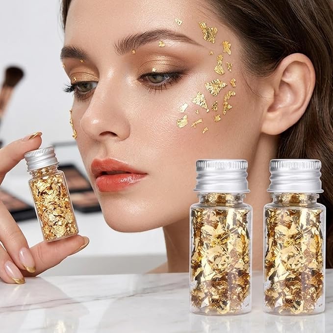 Lwuey Gold Leaf Flakes for Cake ＆ Drinks Decoration, 2PCS | Use for Cakes, Cupcakes, Chocolates, Desserts, Drinks, Cooking Decor, Birthday Party and Makeup Looks