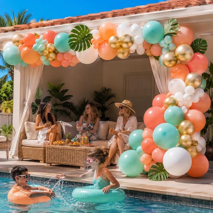 Tropical Balloon Arch Kit, 149 PCS Hawaiian Luau Balloons Garland Pink Teal Orange Coral Metallic Gold Latex Balloons for Flamingo Summer Aloha Beach Pool Baby Shower Birthday Party Decorations