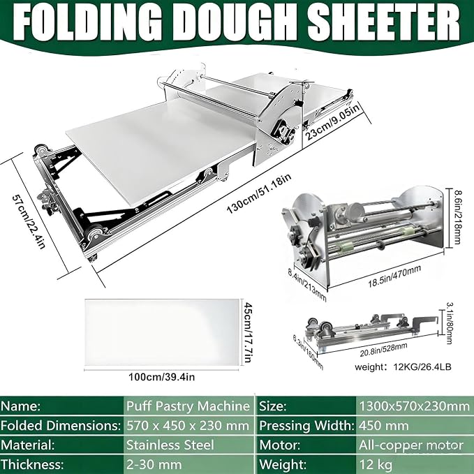 Foldable Electric Dough Sheeter Machine, 2026 New Automatic Dough Roller for Pastry & Pizza Making, 0.07 to 1.18 Inch Thickness Adjustment, Perfect for Home Bakers & Small Businesses