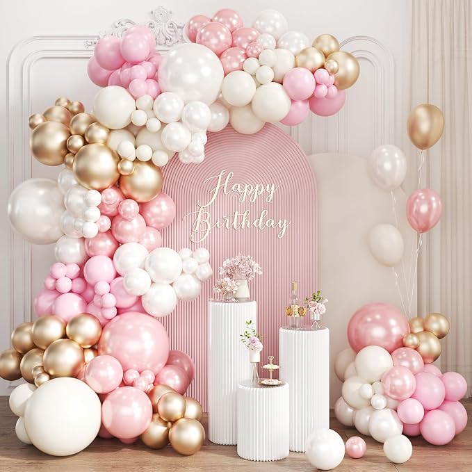 Pastel Pink White and Gold Balloons Garland Arch Kit, 167Pcs Latex Balloons Different Sizes 18 12 10 5 inch for Girl Birthday Baby Shower Graduation Wedding Party Decoration