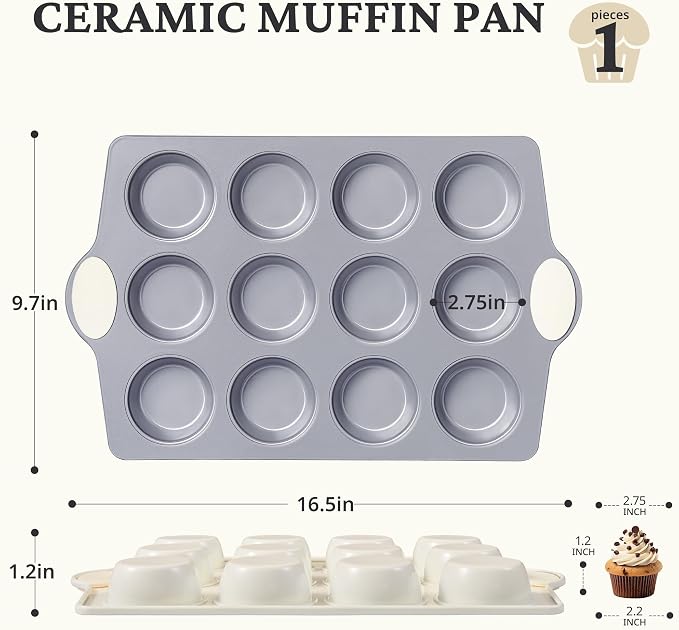 BRONYPRO 12-Cup Non Toxic Nonstick Ceramic Muffin Pan & Cupcake Tin, PFOA & PFOA Free, Heavy Duty Rust-Resistant Aluminized Steel, Oven Safe, Cream White