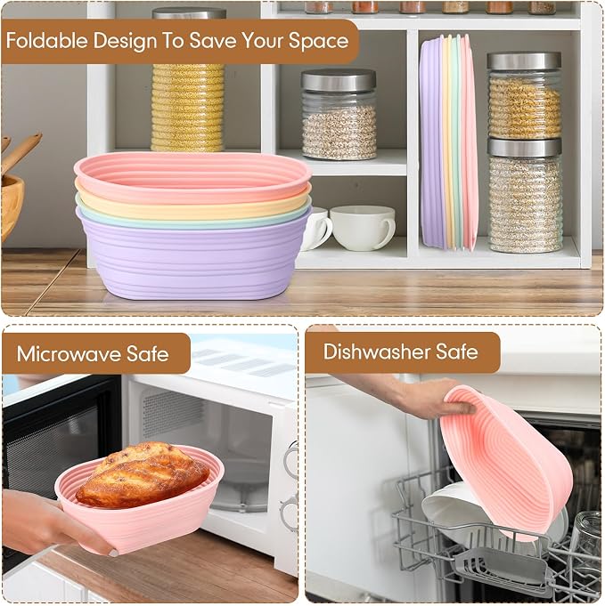 Honeydak 4 Pcs Silicone Bread Proofing Baskets Oval Banneton Basket with Liner 10 Inch Collapsible Sourdough Bread Baking Supplies Non-stick Dough Proofing Bowls Containers Oven Safe for Breads Making