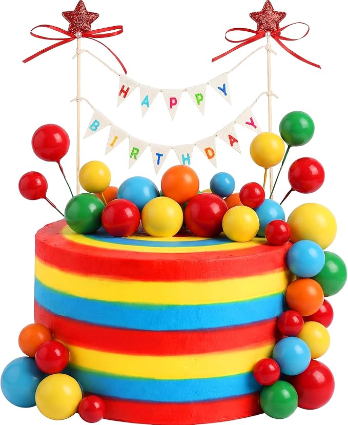 31 Pcs Happy Birthday Cake Topper Cake Bunting Topper Banner with Wood Pole Rainbow Garland with Bow Ribbon Balloon, Mini Cupcake Decor for Birthday Baby Shower (Rainbow Color)