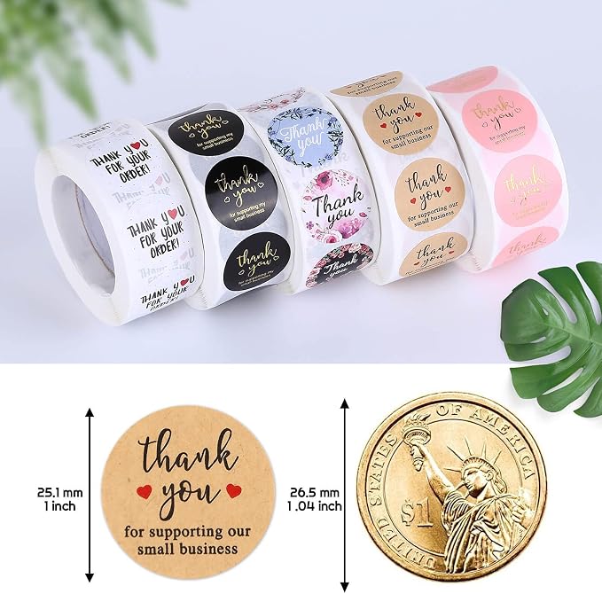 Thank You Small Stickers Rolls, 2500Pcs 1 Inch Thank You for Supporting My Small Business Envelope Seals, 5 Rolls 12 Patterns for Wedding, Birthday, Party Gift Wrap Bag
