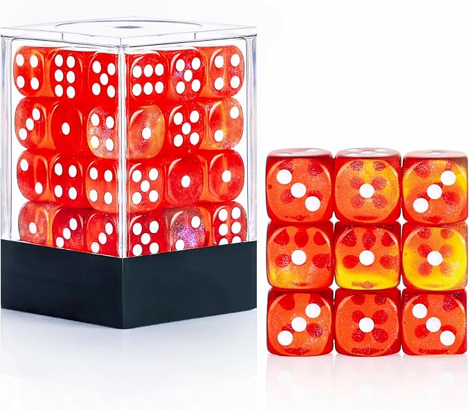36 of Pack 12MM 6 Sided MINI Dice Set,Two Colours Glitter D6 Game Dice Set, 6 Sided Standard Dices for Yahtzee, Bunco or Teaching Math,with Portable Plastic Box(Orange Red)