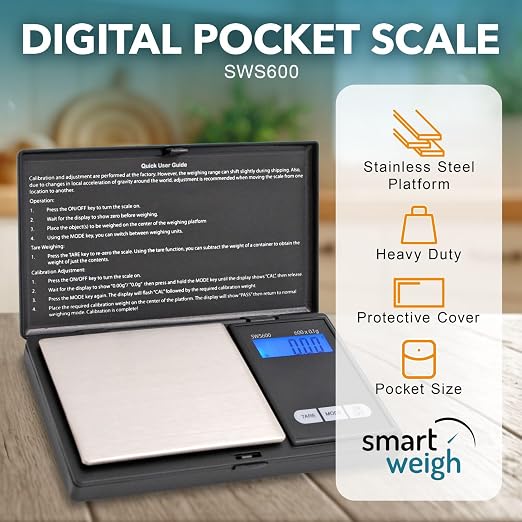 Smart Weigh SWS600 Elite 600g x 0.1g Digital Gram Scale, Pocket Sized Jewelry, Nutrition Kitchen, and School Scale, Slim Design, Black