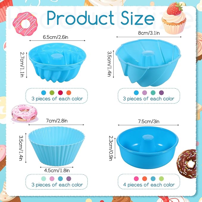 52 Pcs Single Silicone Donut Molds, 4 Styles Silicone Molds for Baking Small Reusable Non-Stick Baking Cups for Donuts, Muffins, Cupcakes, Jellies, Bagels (Multicolor)