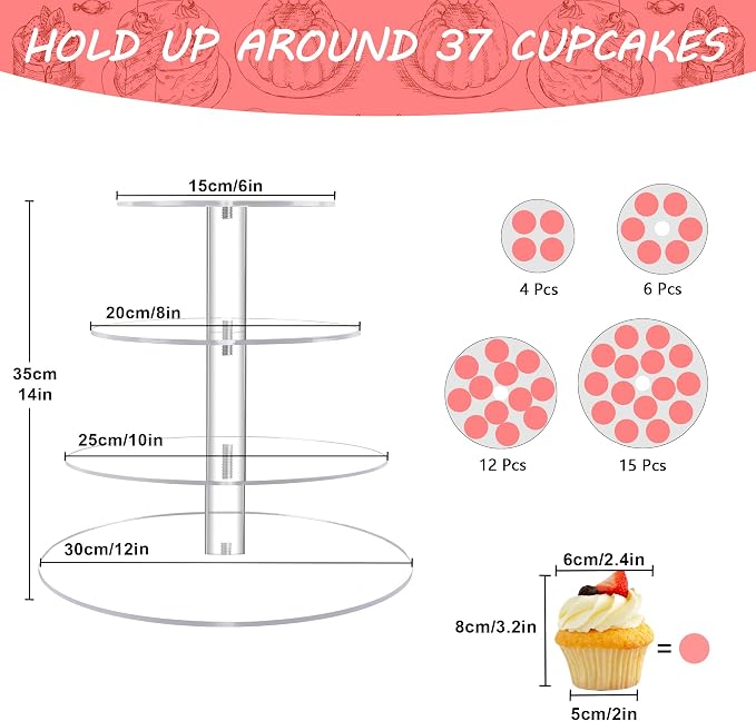 Cupcake Stand, 4 Tier Cupcake Stands for 38 Cupcakes, Round Acrylic Dessert Table Display, Clear Cupcake Tower Holder Display for Birthday, Wedding, Baby Shower, Party