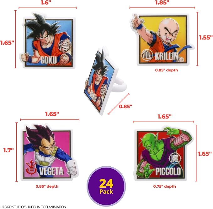 24 Dragon Ball Z Cupcake Rings | DecoPac Cupcake Toppers Featuring Goku, Vegeta, Krillin, Piccolo | Food Safe Square Decorations - 24 Pack