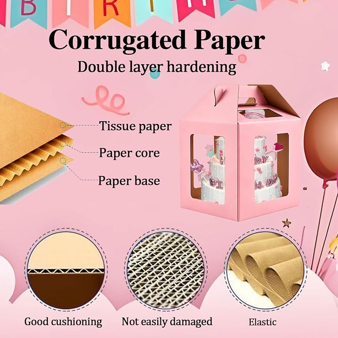 Cake Boxes - 2 Pack Tall Cake Box 12x12x14 Inch | Disposable Layer Carrier with 6 Window Large Tierd Cake Out Transport Containers with Handle for Wedding Birthday, Party-Pink
