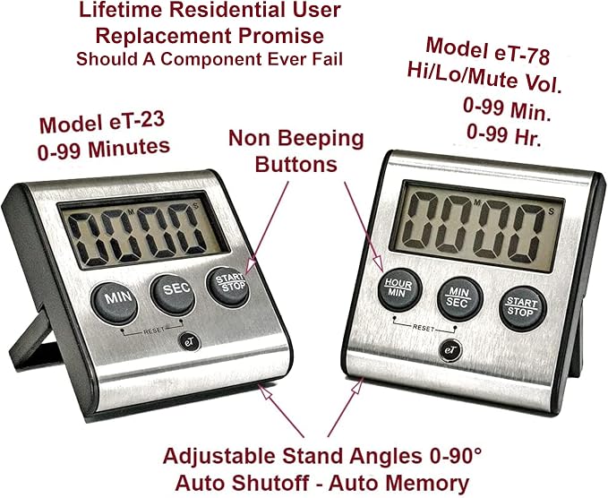 Elegant Digital Kitchen Timer Stainless Steel - Loud Alarm - Model eT-23