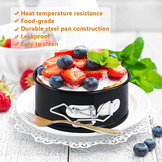 4 Inch Mini Springform Pans, Set of 4 Nonstick Carbon Steel Cake Pans with Removable Bottom, for Mini Cheesecake and Quiche, Black