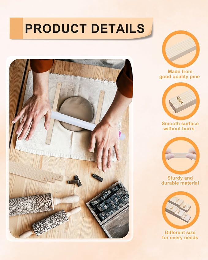 eZAKKA Pottery Teaching Rolling Mud Stick Guide, 12.9inch Pottery Tools with Clay Slab Roller & Clay Guides Sticks, 10+1Pcs