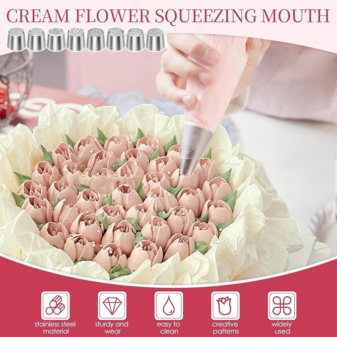 Russian Piping Tips Set, 8 Flower Patterns, Stainless Steel, Extra Large Bouquet Cream Nozzles for Cake Decorating