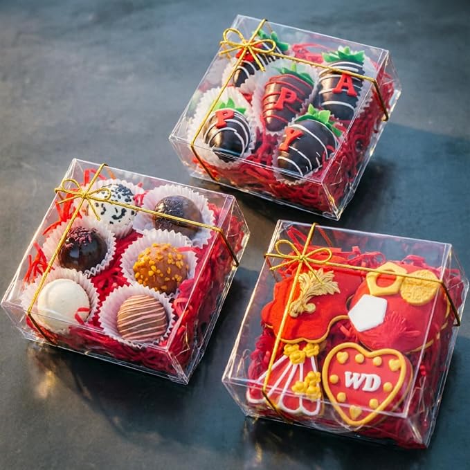 25Pack 5x5x2Inches Clear Bakery Boxes Chocolate Covered Strawberry Boxes for 4 Mini Cake Boxes Cookies Macaron Boxes Pie Boxes Browines boxes