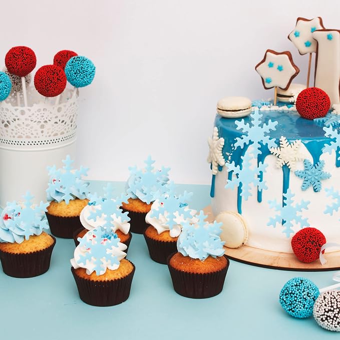 Gyufise 50Pcs Edible Snowflakes Blue Cupcake Cake Toppers Decoration for Chirstmas Winter Frozen Theme Party Supplies