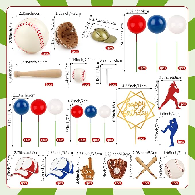 Hooqict 26Pcs Baseball Cake Decorations Set with Mini Balls, Player, Caps, Gloves, Bats, Baseball Birthday Cake Toppers & Cupcake Toppers for Boys Men Sports Themed Birthday Party Decorations Supplies