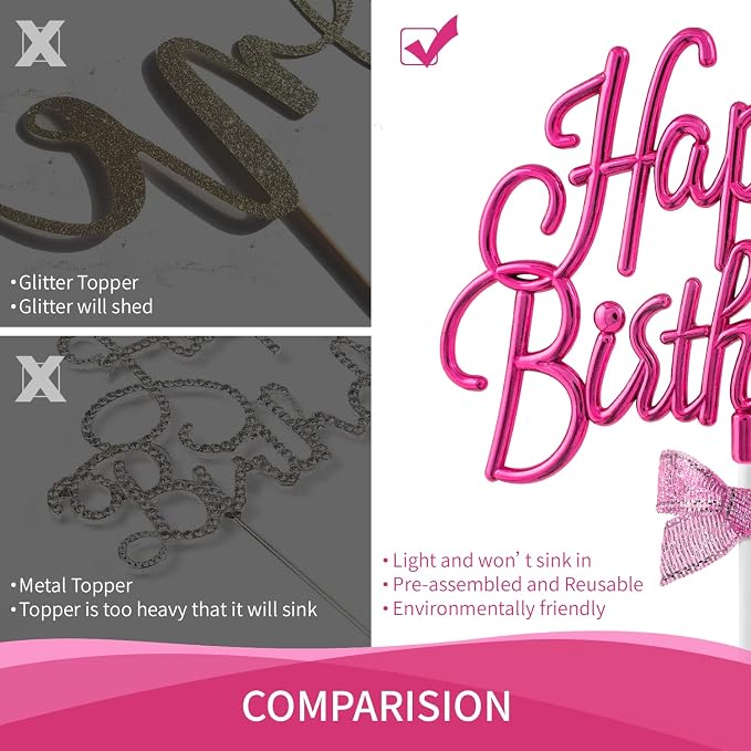 Hot Pink Happy Birthday Cake Topper Plastic - 3D Double Sided Happy Birthday Sign for Cake with Bow, Idea for Cake Decoration (HOT PINK)