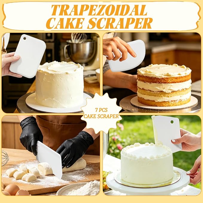 LNAUJS 7-Piece Cake Scraper and Smoother Set, Plastic Cake Decorating Tools Kit for Buttercream Icing, Fondant, Cookies, Pizza Dough & Baking - Multi-Purpose Cake Scraper and Kitchen Utensils (White)