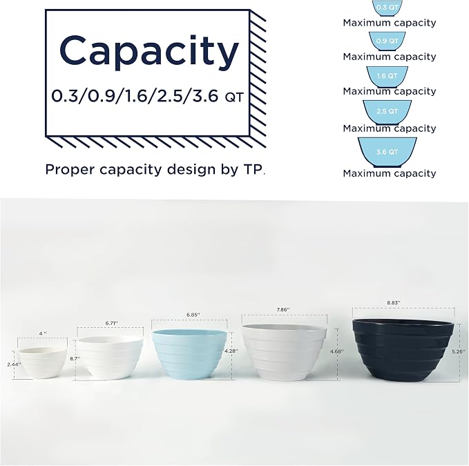 TP Mixing Bowls with Lids, 10-Piece Nesting Melamine Bowls Set for Prepping Serving Baking Cooking, Non Slip Bottom, Set of 5, Blue and White