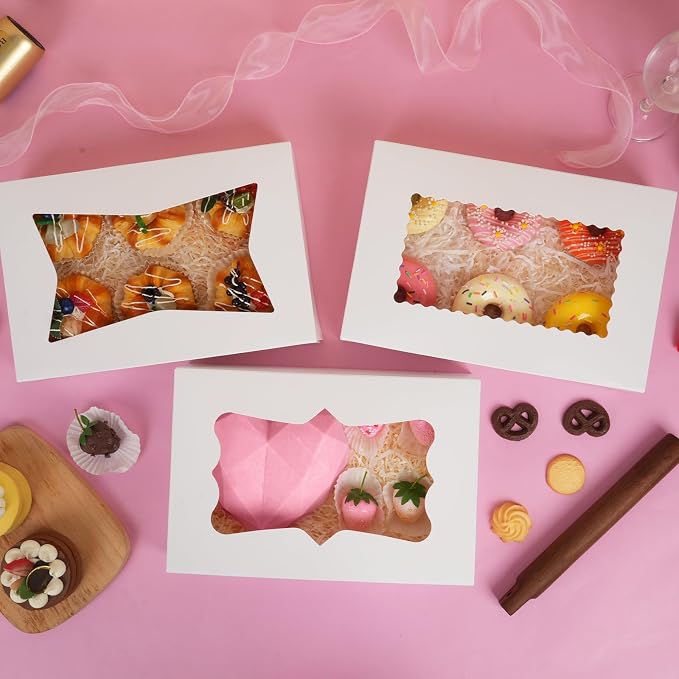 Moretoes 30pcs Auto-Popup Cookie Boxes, 12x8x2.5 Inches Bakery Boxes with 3 Style Windows for Chocolate Covered Strawberries, Donuts, Pastries,Cake Pops