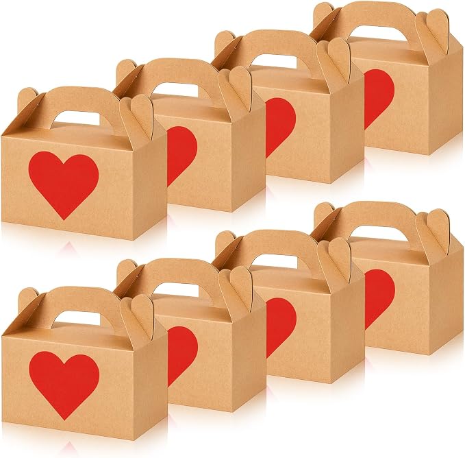 Colarr Mother's Gift Treat Boxes Hearts Prints Galentine Cookie Boxes with Handles 5.9 x 3.5 x 3.5 Inches Goodie Candy Container Kraft Paper Party Favor Holder(48 Pcs)