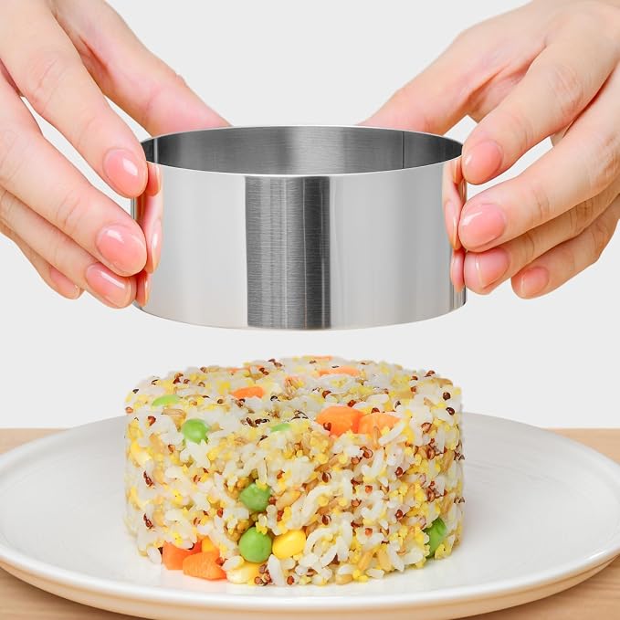 HULISEN Round Cake Ring Mold, Stainless Steel 4" Cooking Crumpet Rings with 1 Pusher & 4 Food Form, Tuna Tartare Mold for Pancake, Salad, Mousse