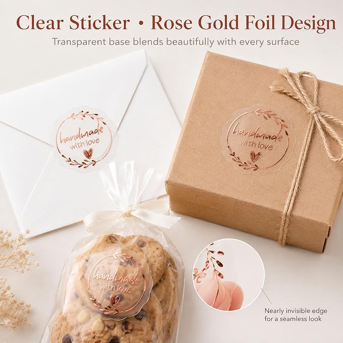 Handmade with Love Gold Foil Stickers, Pack of 100 Embossed Matte Gold Seals for Bakery Packaging, Treat Bags, Pastry Boxes, Small Business Thank You Labels for Gift Wrapping, 1.7 Inch (Rose)