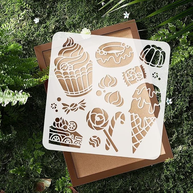 1 Piece Candy and Cake Craft Art Stencil, 11.8"x11.8" Dessert and Ice Cream Plastic Reusable Stencil for Wood Burning, Paint Template for Painting on Wall, Wood, Fabric Canvas, Furniture