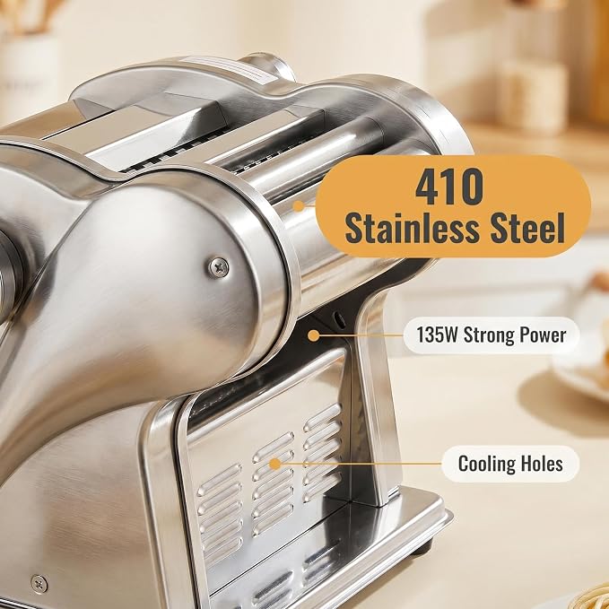 Electric Pasta Maker - 2 in 1 Pasta Sheet Roller & Cutter, 8 Thickness Settings, Stainless Steel Pasta Machine for Spaghetti, Fettuccine, Ravioli, Lasagna, Dough Sheeter