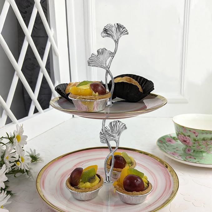 uxcell 2 Tiers Cake Tray Stand Handle 3 Set Metal Cake Stands Holder Cupcake Dessert Plate Hardware Fitting Holder Rod Stand Handle for Wedding Party Festival Cake Plate, Silver (Flower)