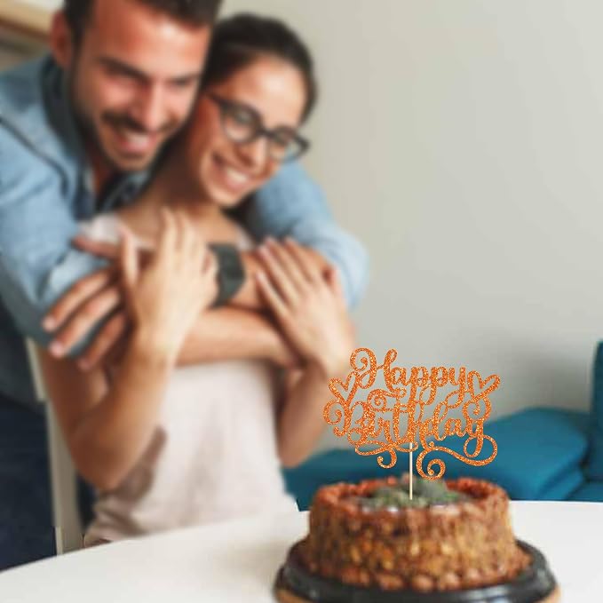 Gyufise 1Pcs Happy Birthday Cake Topper Glitter Cake Pick Bunting Decor for Anniversary Celebrating Party Cake Decorations Supplies Orange