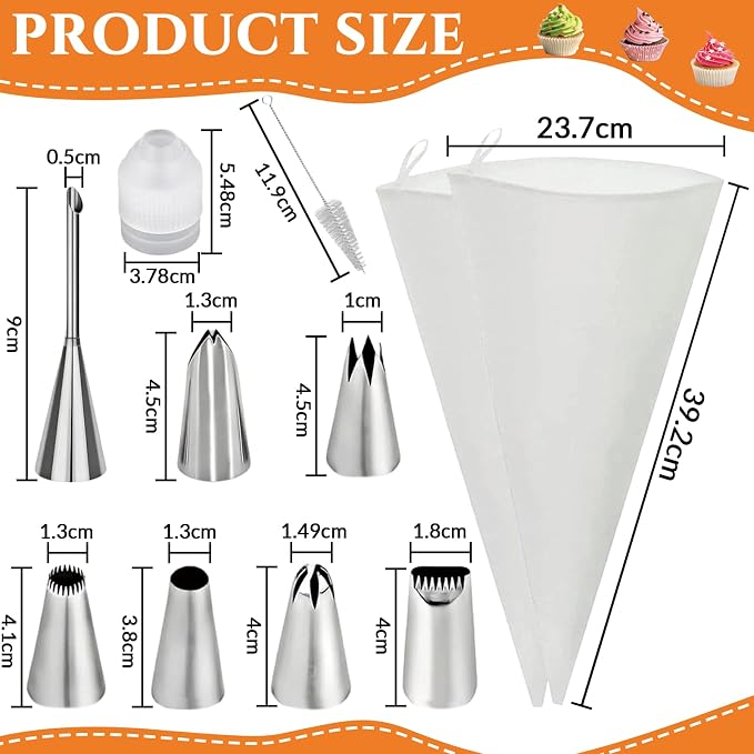 11 Piece Reusable Piping Bags and Tips Set - Cotton Baking Kit with Coupler Stainless Steel Nozzles Cleaner for Cupcakes Cookies Churros