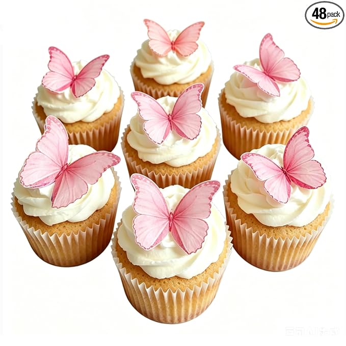 Weraru 48Pcs Edible Wafer Paper Butterflies Cupcake Topper Pink Cake Decorations
