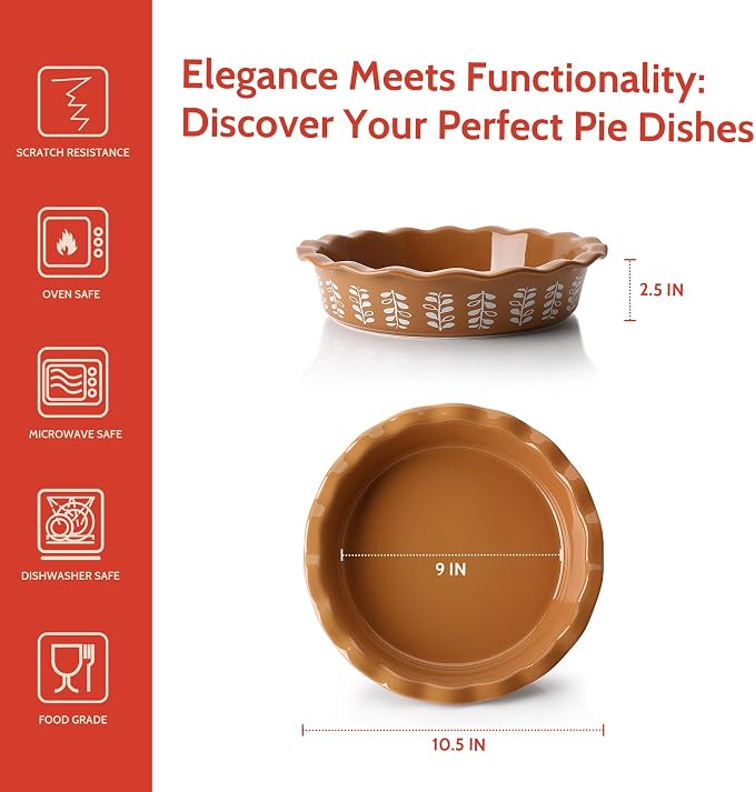 Sweese Porcelain Deep Fluted Pie Dish for Baking - 9 inch Porcelain Pie Plate for Apple, Quiche, Pot Pies, Tart - Leaf - Brown